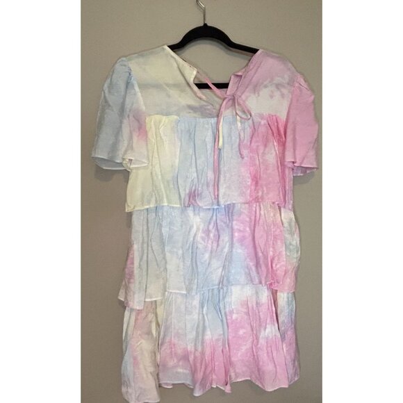 English Factory Tie Dye Pastel A Line Dress Tiered Ruffle Mini Dress Pink XS - Picture 7 of 8